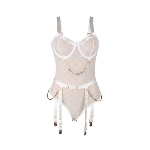 Body Lingerie Branco Tule com Correntes Douradas e Suspensórios