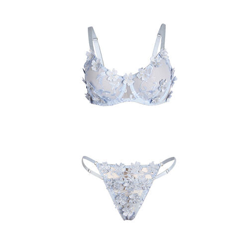 Conjunto Lingerie Azul Tule Flores 3D com Tanga