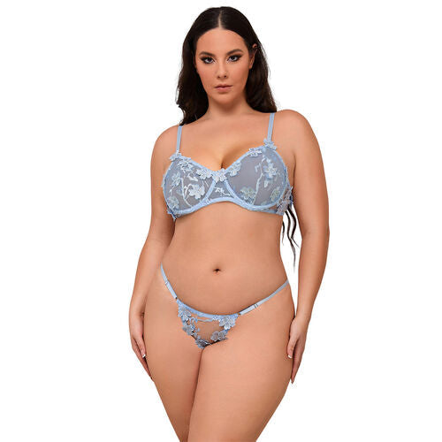 Conjunto Lingerie Azul Tule Flores 3D com Tanga