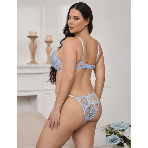 Conjunto Lingerie Azul Tule Flores 3D com Tanga