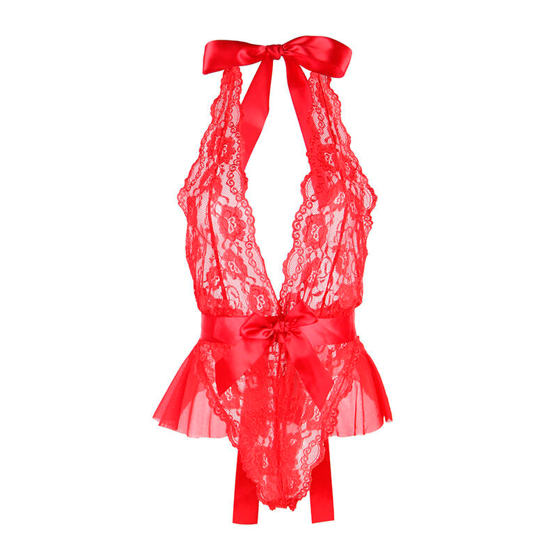 Body Lingerie Vermelho Renda Halter com Laço e Babados