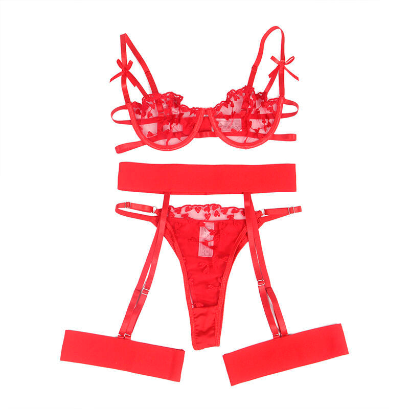 Conjunto Lingerie Vermelha Renda Corações com Liga e Suspensórios