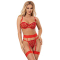 Conjunto Lingerie Vermelha Renda Corações com Liga e Suspensórios